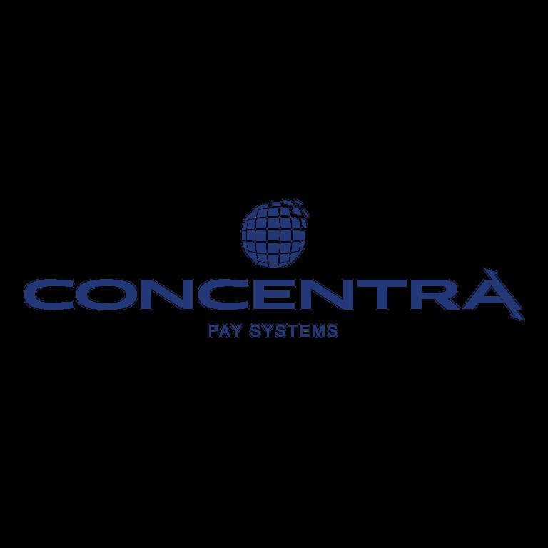 Concentra Pay Systems logo with blue globe icon and company name on black background